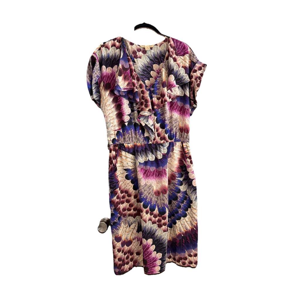Peacock Feather Print Ruffle-V-Neck Dress Whimsical Mystical Boho Fairy Core M